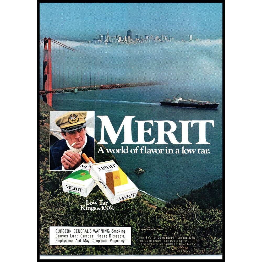 1985 Merit Cigarettes Vintage Print Ad San Francisco Golden Gate Bridge Wall Art